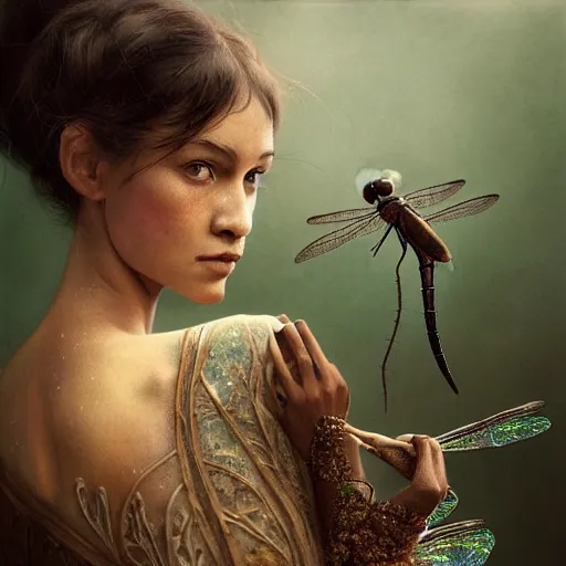 Image similar to brown woman wearing a dragonfly armor. iridiscent. extremely photorealistic. super detailed. layered. textured. award winning. dispersion of light. refracted lighting. soft. fragile. by ray caesar. by louise dahl - wolfe. by tom bagshaw. surreal photoraphy