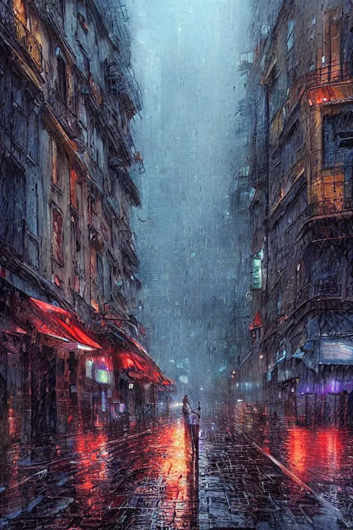 Image similar to beautiful digital illustration Paris city in the rain cyberpunk by Marc Simonetti