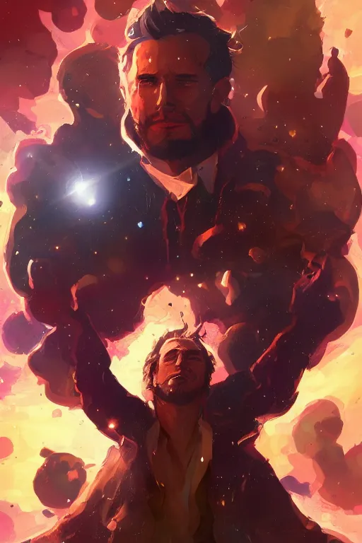 Prompt: a man surrounded and embraced by stars of the universe, artstation, cinematic