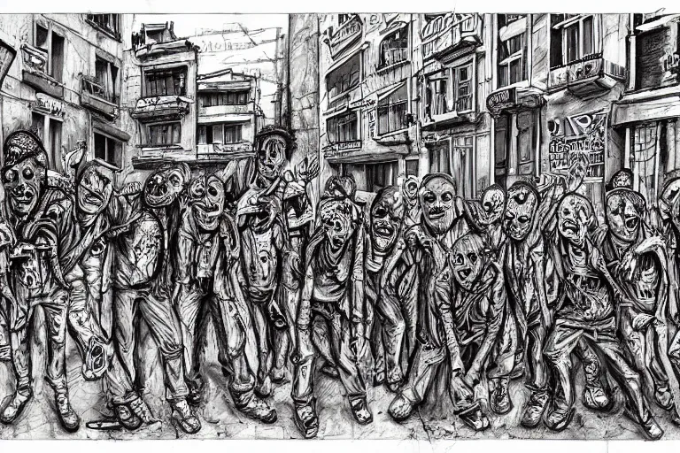 Prompt: zombies in the street of tel aviv. pen drawing. realistic. colorful. highly detailed. watercolors