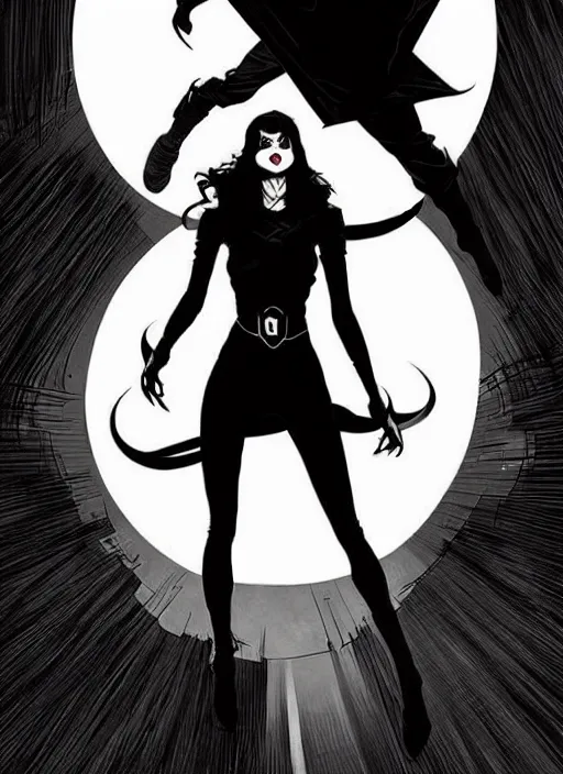 Image similar to Rafael Albuquerque comic art, Joshua Middleton comic art, scary Persian vampiress, modern, chic nyc streetwear, evil smile, symmetrical face, symmetrical eyes, dark clothing, long wavy black hair, full body::8 stormy weather::2 no long neck