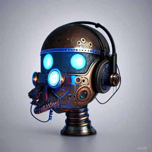 Image similar to a glossy claymodel of a steampunk robot head with glowing futuristic steampunk headphones, 8 k, symetrical, flourescent colors, halluzinogenic, multicolored, insanely detailed, black background, 3 d render,