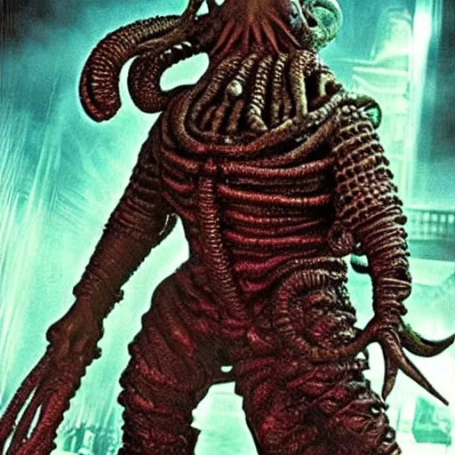 Image similar to cthulhu samurai, lots of cables and wiring. Photograph from blockbuster sci-fi film
