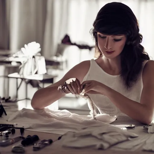 Image similar to Absolutely gorgeous greek goddess of fashion, she is sewing the most beautiful dress the olympian gods have ever seen, cinematic lighting, high quality 8k hd, oil on canvas, hyperralistic art