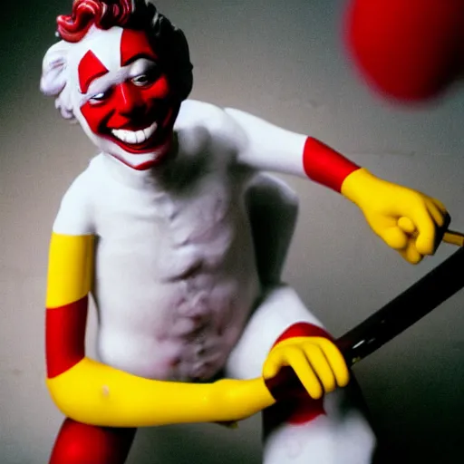 Prompt: ronald mcdonald putting the lotion on its skin or else it gets the hose again, terror, fantasy realism, high quality, sharp focus, dutch angle