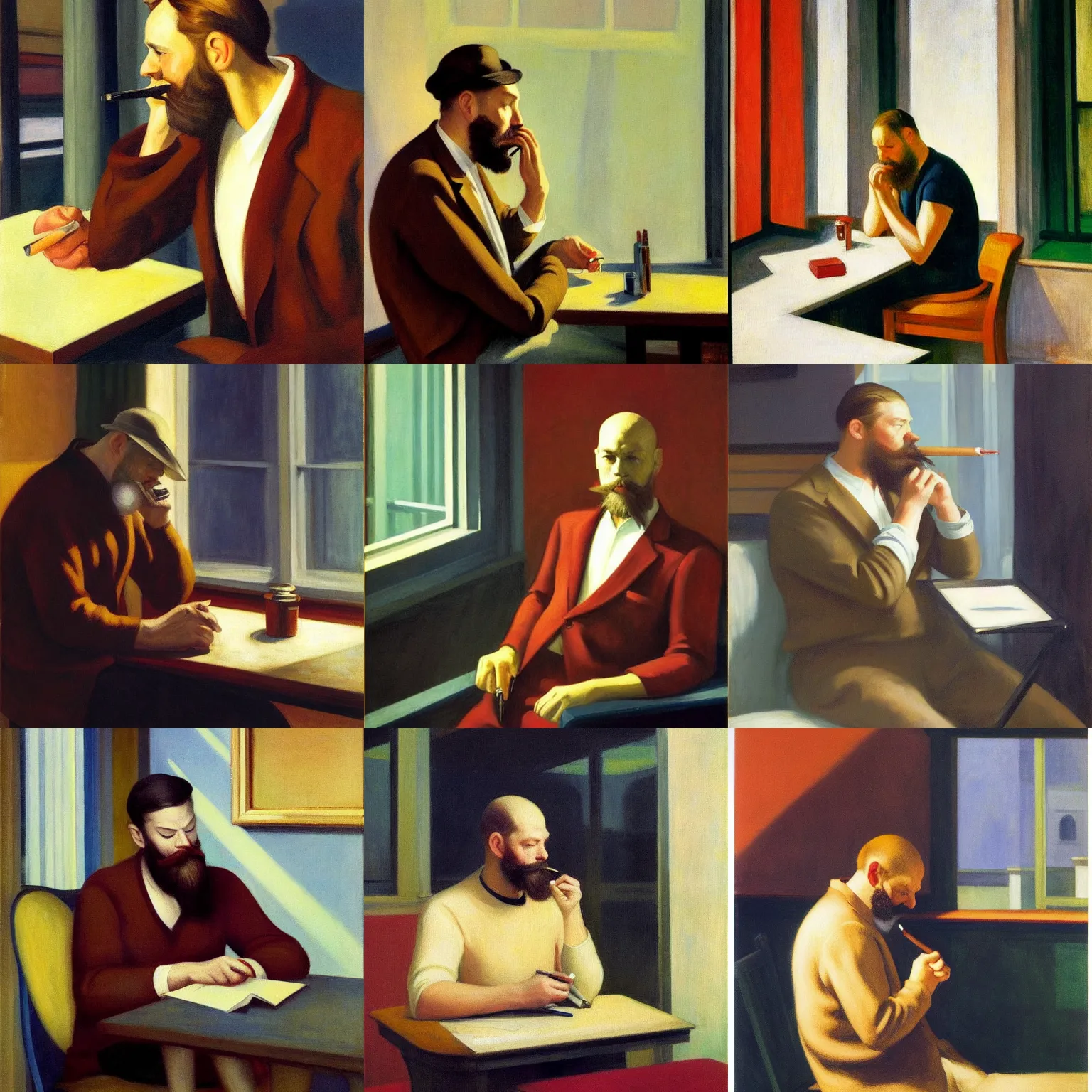 Prompt: Edward hopper painting of a writer with a beard sitting, he is smoking a cigarette, he is wearing a brown sweater, dramatic lighting, highly detailed, realistic