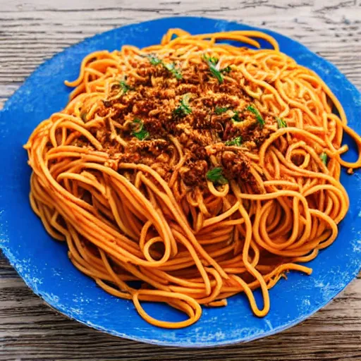 Image similar to highly detailed illustration of a plate of spaghetti on top of a blue and wooden table