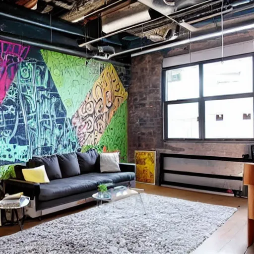 Image similar to trendy downtown loft with modern murals on the wall, modern art and patterns, interior design, beautiful architecture