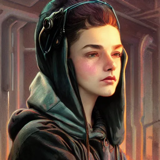 Image similar to character portrait of a 1950s girl in a hoodie, dystopian cyberpunk steampunk mood, intricate, wild, highly detailed, digital painting, artstation, upper body, concept art, smooth, sharp focus, illustration, art by artgerm and greg rutkowski and alphonse mucha