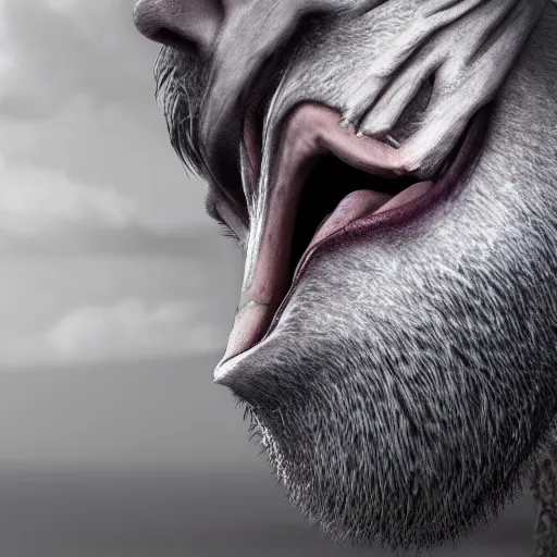 Prompt: man transforming into a werewolf with grey realistic fur, high detail, hyper realism, octane render, 8 k