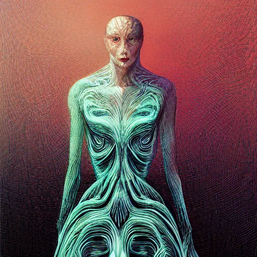 Prompt: a beautiful surrealist rendering portrait of a woman by dan mumford and beksinski, wearing a dress by iris van herpen and mulleavy