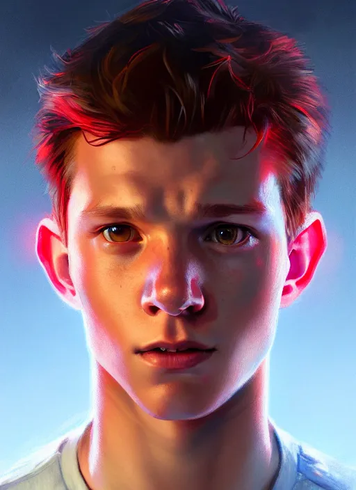 Image similar to portrait of tom holland with hazel eyes, hazel colored eyes, red shirt, intricate, elegant, glowing lights, highly detailed, digital painting, artstation, concept art, smooth, sharp focus, illustration, art by wlop, mars ravelo and greg rutkowski