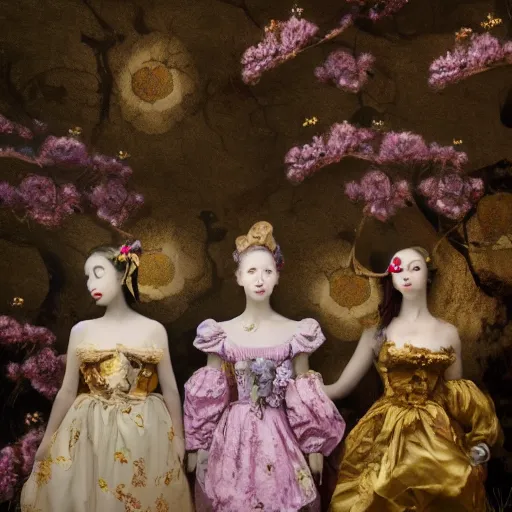 Image similar to 8k, octane render, fine detail, realism, tonalism, renaissance, rococo, baroque, group of creepy young ladies wearing long harajuku manga dress with flowers and skulls, background chaotic gold leaf flowers