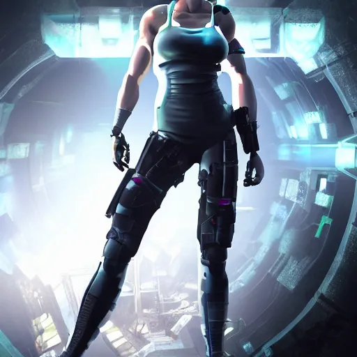 Image similar to Cyborg Lara Croft with white hair, green eyes, exploring futuristic base, Deus Ex elegant clothes, illuminated by surrounding lights, high quality, highly detailed