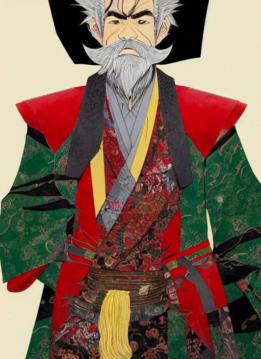 Prompt: half body portrait of a handsome muscular old mad with blonde hair and grey beard wearing and ornate red, green and gold trench coat. detailed, wearing kimono armour, by conrad roset, takato yomamoto, jesper ejsing, masamune shiro