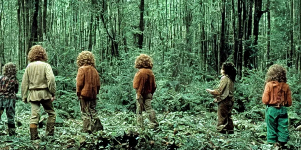 Image similar to A full color still from a Stanley Kubrick film featuring four hobbits, from behind, in a dark forest, 35mm, 1975