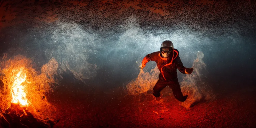 Image similar to underwater fisheye slow motion with trail fire effect of futuristic break dancer wearing long dark cloak and golden helmet emitting magic dust and fire, long exposure shot , enigmatic, at night underwater in the middle of the arctic with red light A letter, paddle of water, steam, fog, water splashes, rim lights, glossy reflections, water droplets on lens, octane render, Volumetric dynamic lighting, stunning cover magazine, high details, hajime sorayama