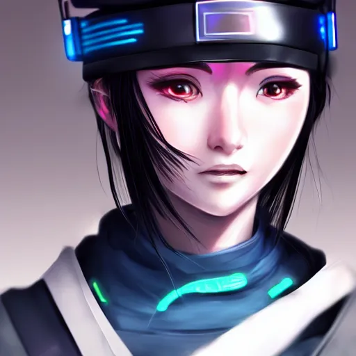 Image similar to closeup of a young cyberpunk samurai lady wearing a visor, digital painting, anime style, Artstation, by Artgerm