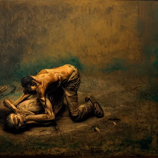 Image similar to one man in a cemetery digging up a dead body, by nicola samori, painting, 8 k, high detail, medium blue, orange, and dark green tones, high quality, sad feeling, high detail, dark colors, sinister atmosphere, dramatic lighting, cinematic, establishing shot, extremely high detail, photo realistic, cinematic lighting