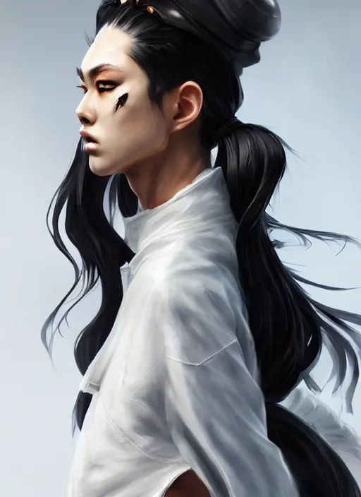 Prompt: a highly detailed illustration of fierce tall amazon messy ponytail black haired one armed delinquent japanese woman wearing white cap wearing long white jacket with cape, powerful imposing pose, muscular, perfect face, intricate, elegant, highly detailed, centered, digital painting, artstation, concept art, smooth, sharp focus, league of legends concept art, wlop.