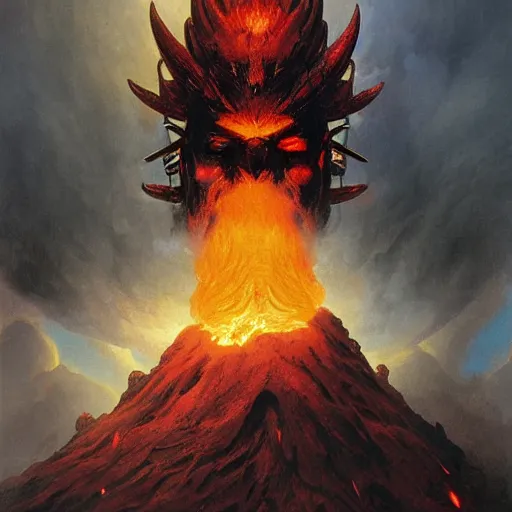 Image similar to head and shoulders portrait of a black samurai fire giant, wreathed in flame, inside a volcano, d & d, fantasy, greg rutkowski, frank frazetta, alexandre chaudret, boris vallejo, michael whelan, miro petrov, hr giger, magali villeneuve, donato giancola