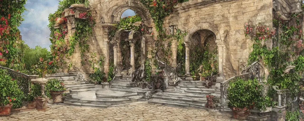 Image similar to courtyard walkway, fountain, castle, stairway, chairs, wrought iron, gate, botanic garden, botanical herbarium paper, oil colored painting, iridescent colors, realistic shaded, fine, artstation, italian style, colonnade ornate headdress, craving, carved, insanely detailed