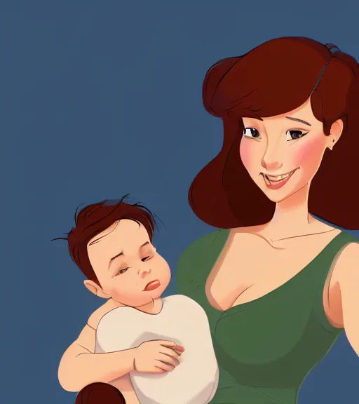 Image similar to a mother with short shoulder length dark auburn hair, short and curvy and a slightly chubby face holding her infant son with short brown hair full color digital illustration in the style of don bluth, artgerm, artstation trending, 4 k