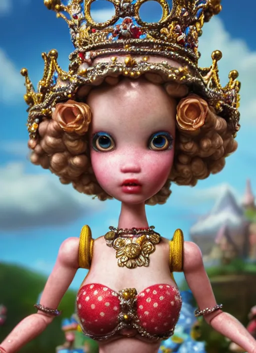 Image similar to highly detailed closeup, profile portrait of a tin toy fairytale princess wearing a crown, bikini, unreal engine, nicoletta ceccoli, mark ryden, earl norem, lostfish, global illumination, detailed and intricate environment