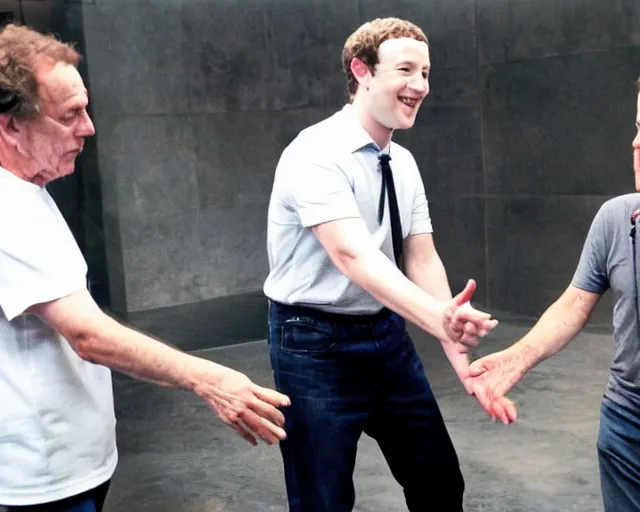 Prompt: mark zuckerberg and jack nicholson play termiantor, scene where their endoskelet gets exposet