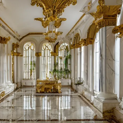 Image similar to the interior of a house with very high ceilings with white marble walls and floors with gold details with huge windows where you could see the sunset