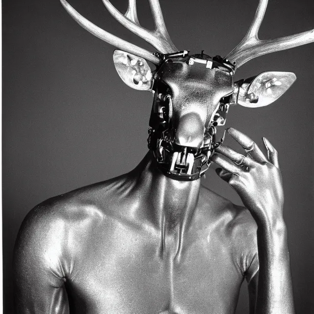 Image similar to Cybernetic robot deer. A close-up studio portrait by Robert Mapplethorpe. Tri-x