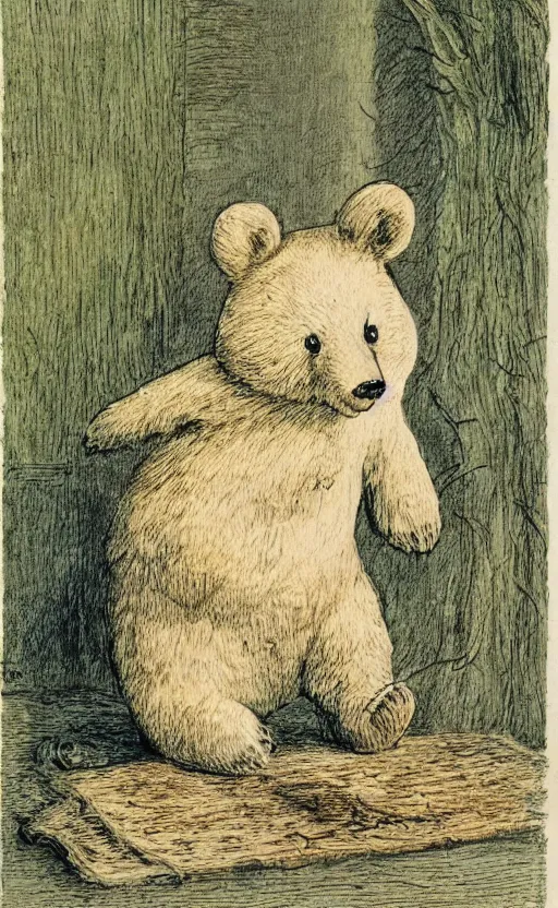 Prompt: Beatrix potter illustration of a bear tucking itself into bed