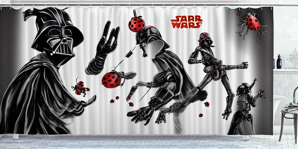 Prompt: shower curtain product catalog. wide - angle photo. on the curtain is a low - angle hero - shot watercolor of a ladybug robot fighting against darth vader. the robot has an epic showdown with darth vader. the water color has ink under drawing. highly coherent, product photography of a shower curtain, product lighting. 4 k, highly detailed. saturated.