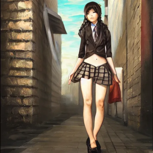 Image similar to a perfect, realistic professional oil painting of a Japanese schoolgirl posing in a dystopian alleyway, style of Marvel, full length, fine details, by a professional American senior artist on ArtStation, a high-quality hollywood-style concept