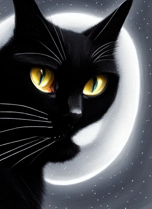 Image similar to black cat, moon, road, fantasy, intricate, elegant, highly detailed, lifelike, photorealistic, digital painting, artstation, illustration, concept art, smooth, sharp focus