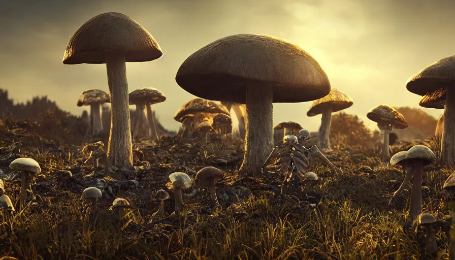 Image similar to hyper realistic highly detailed nature photography of mushroom skeleton zombies, prehistoric planet, volumetric lighting, octane render, 4 k resolution, golden hour