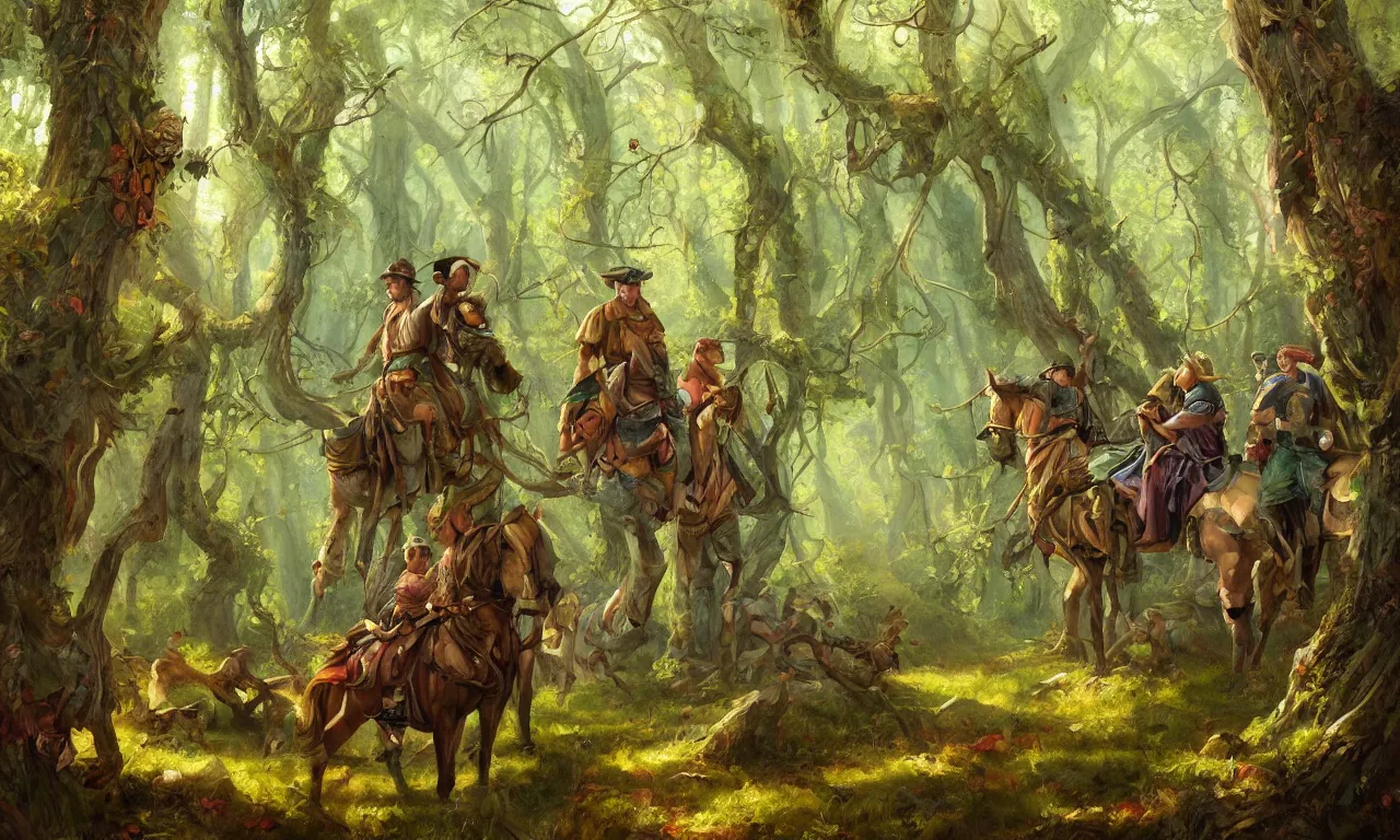 Prompt: A painterly semirealistic and beautifully styled oil painting of a beautiful forest in Spring, a crew of medieval men here and there on the ground wearing colorful medieval clothes, digital art by Wylie Beckert Julie Dillon and Eric Fortune, award-winning masterpiece, trending on ArtStation