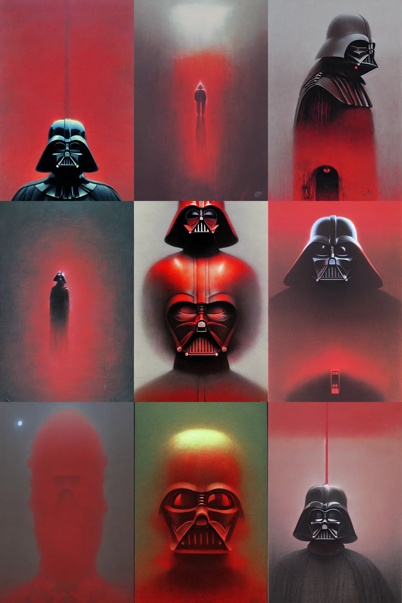 Prompt: darth vader, beksinski, masanori warugai, bleak color, red highlights