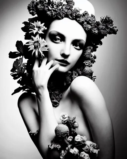 Image similar to a black and white high quality dreamy photo of a young beautiful female queen-pale dragon-vegetal-many big steampunk flowers-cyborg bust with a very long neck, elegant, highly detailed, poetic, soft, dreamy, mysterious, high fashion, in the style of Horst P. Horst, Realistic, Refined, Digital Art, Highly Detailed, Cinematic Lighting, rim light, black and white, photo-realistic, 8K