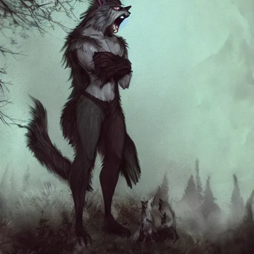 Image similar to werewolf wearing fancy clothes, featured on artstation, photograph captured in a dark forest in early 1 4 0 0 s