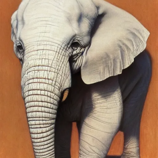 Image similar to an albino baby elephant portrait by Norman Rockwell, ultra realistic picture, looking at the camera, highly detailed, 8k, masterpiece, trending on cgsociety