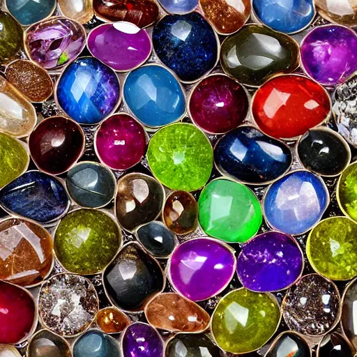 Image similar to roughly circular precious stones of different colours and materials laid out in a regular pattern