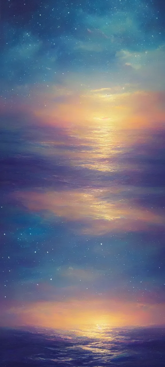 Image similar to a painting of the peaceful ocean at night : the stars reflect off the surface of the water : landscape, fantasy, ambient, dreamlike, digital art, volumetric light, realism, trending on artstation