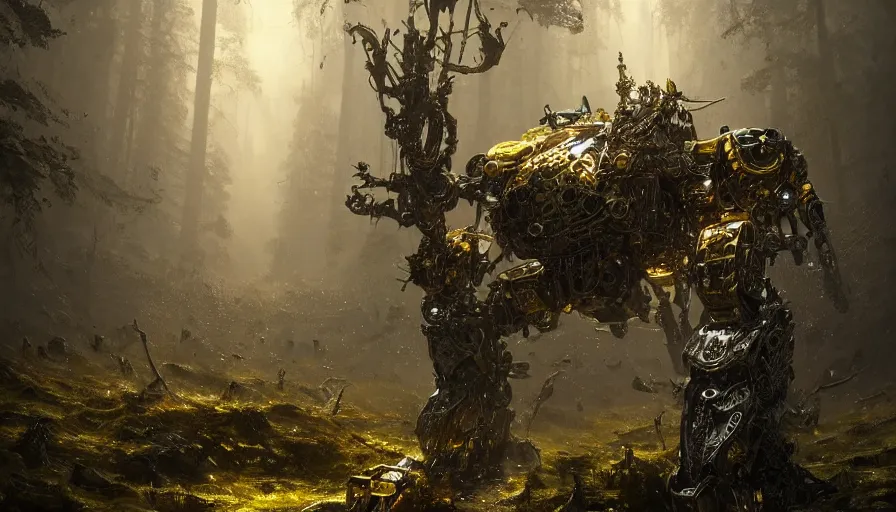 Image similar to large walking mech covered in gold and silver armor with elden ring aesthetic, covered in moss and birds, glowing lights, beautiful forests and trees, intricate detail, epic wallpaper, art by darek zabrocki and John Park and Feng Zhu and Jason Chan, trending on artstation, masterpiece.