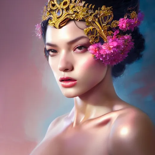 Prompt: hyper realistic expressive oil painting, of alluring european princess, seductive look, smooth glowing skin, glistening body, love, adoration, ornate headpiece made from flowers, glamour shot, by yoshitaka amano, by greg rutkowski, by jeremyg lipkinng, by artgerm and sue bryce, digital art, octane render