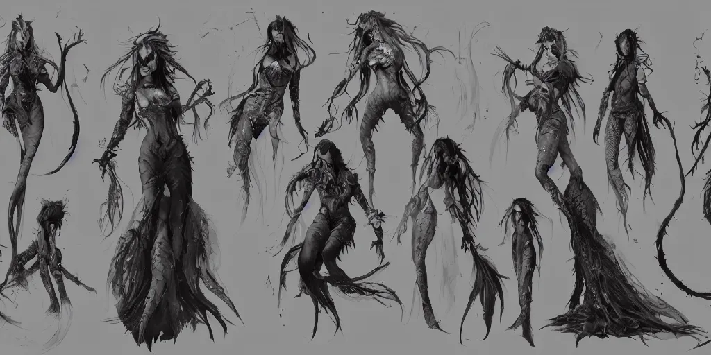 Image similar to gothic mermaid character detail designs, Greg Rutkowski, character sheet, kim jung gi, Darek Zabrocki, Karlkka, Jayison Devadas, Phuoc Quan, trending on Artstation, 8K, ultra wide angle, pincushion lens effect