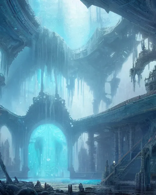 Image similar to Atlantis, palaces underwater, fantasy art, in the style of greg rutkowski, illustration, epic, fantasy, intricate, hyper detailed, artstation, concept art, smooth, sharp focus, ray tracing