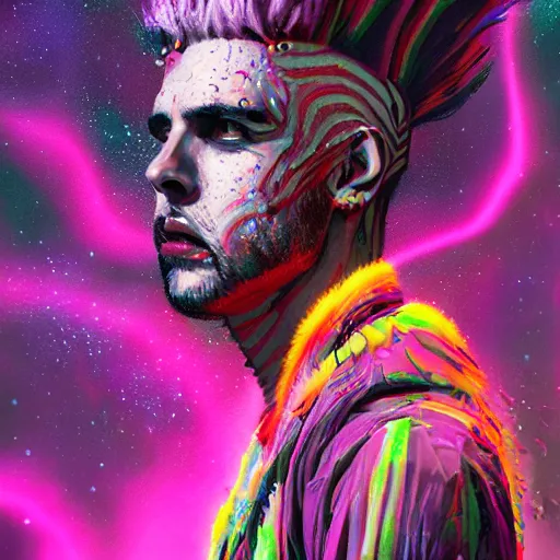 Image similar to splashes of neon galaxies, mowhawk, punk wizard portrait made out of paint, trending on artstation, epic composition, emotional, beautiful, rendered in octane, highly detailed, realistic, tim burton comic book art, sharp focus, unreal engine