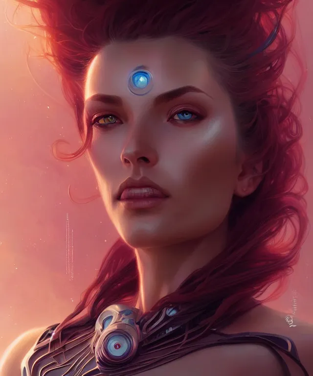 Image similar to futuristic woman portrait, sci-fi, amber eyes, face, long hair, fantasy, intricate, elegant, highly detailed, digital painting, artstation, concept art, smooth, sharp focus, illustration, art by artgerm and greg rutkowski and alphonse mucha