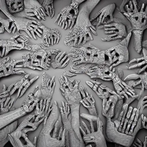 Prompt: faces coming out of a faces, fingers coming out of fingers, toe fingers, vanes and bones, hyperdetailed, intricate patters, octane render, 8 k